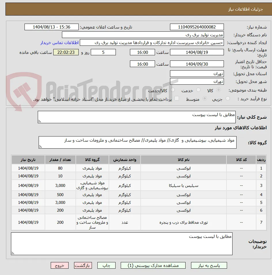مطابق با لیست پیوست