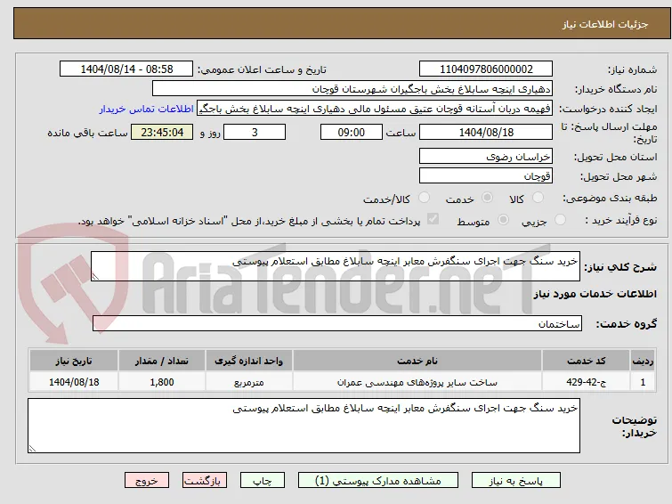 خرید سنگ جهت اجرای سنگفرش معابر اینچه سابلاغ مطابق استعلام پیوستی