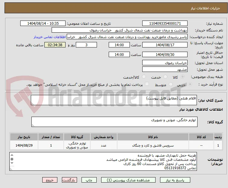 اقلام هتلی (مطابق فایل پیوست)