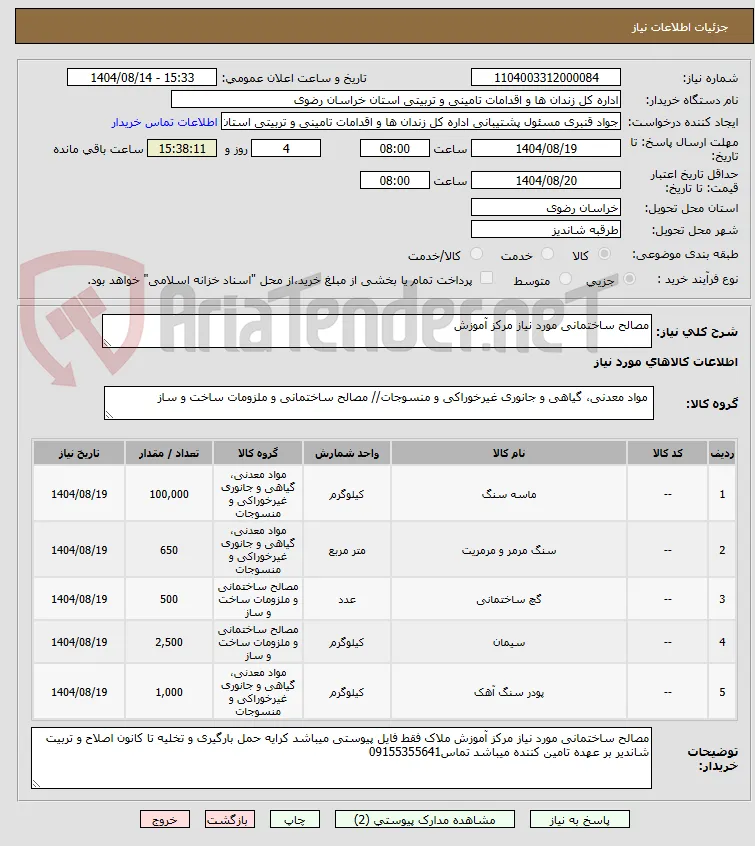 مصالح ساختمانی مورد نیاز مرکز آموزش 