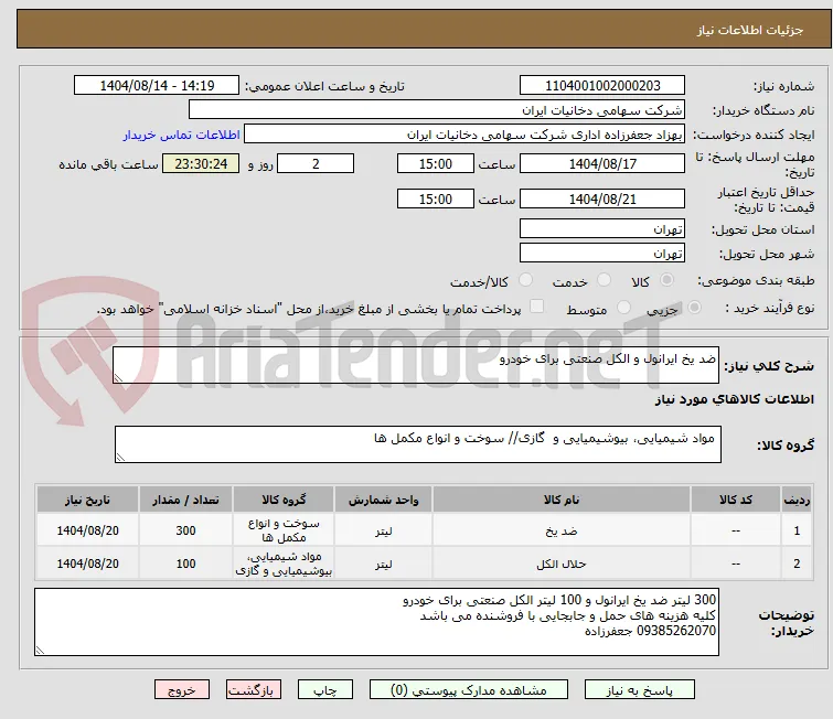 ضد یخ ایرانول و الکل صنعتی برای خودرو
