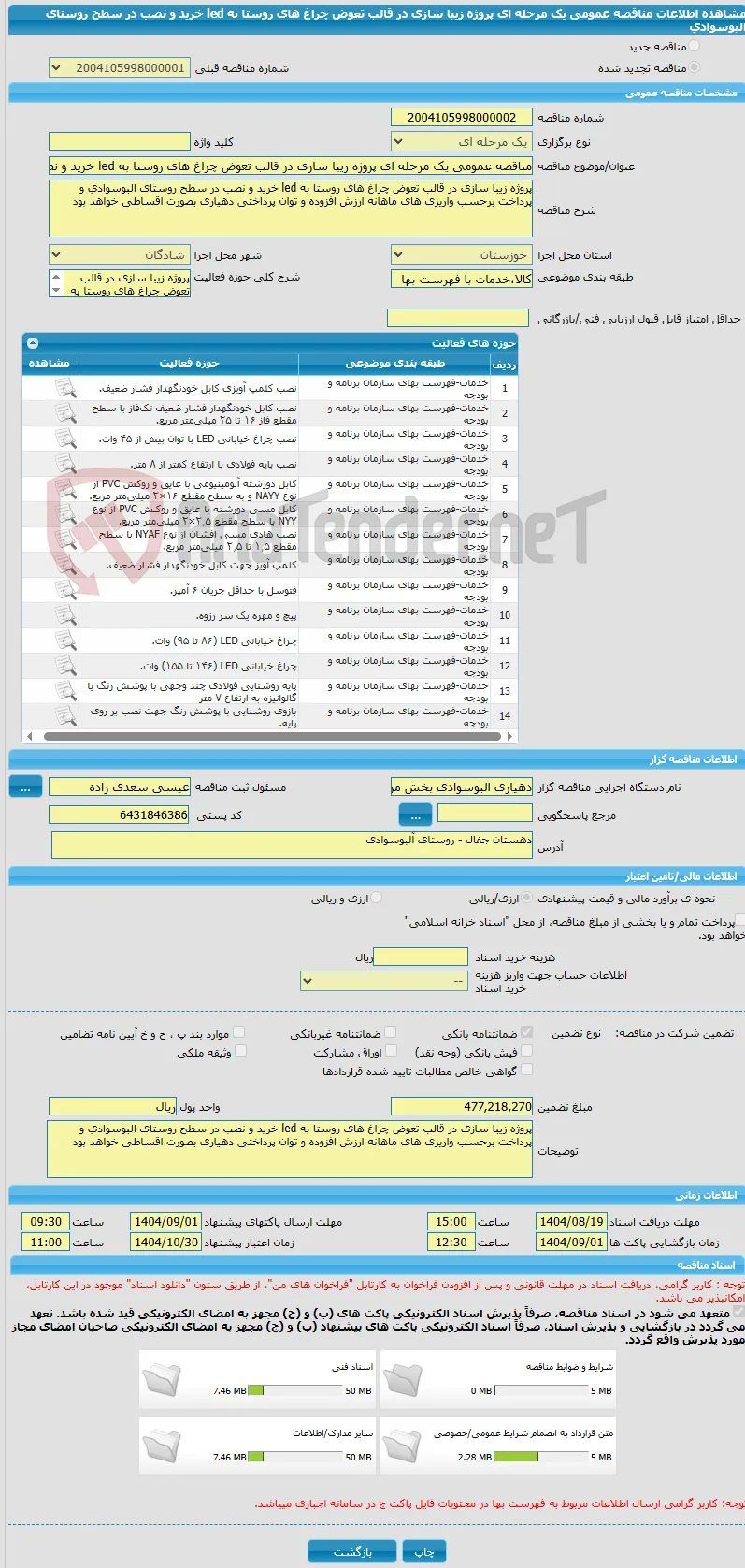 مناقصه عمومی یک مرحله ای پروژه زیبا سازی در قالب تعوض چراغ های روستا به led خرید و نصب در سطح روستای البوسوادی