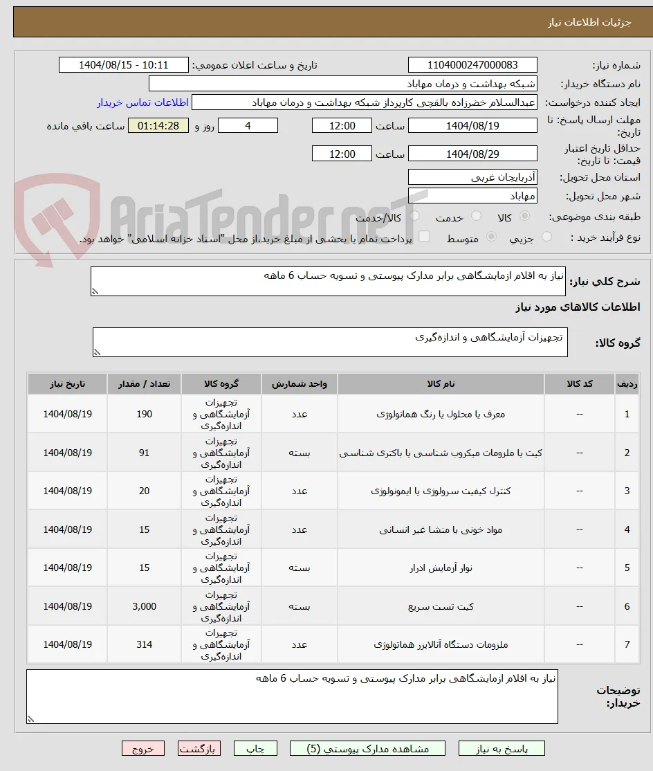 نیاز به اقلام ازمایشگاهی برابر مدارک پیوستی و تسویه حساب 6 ماهه