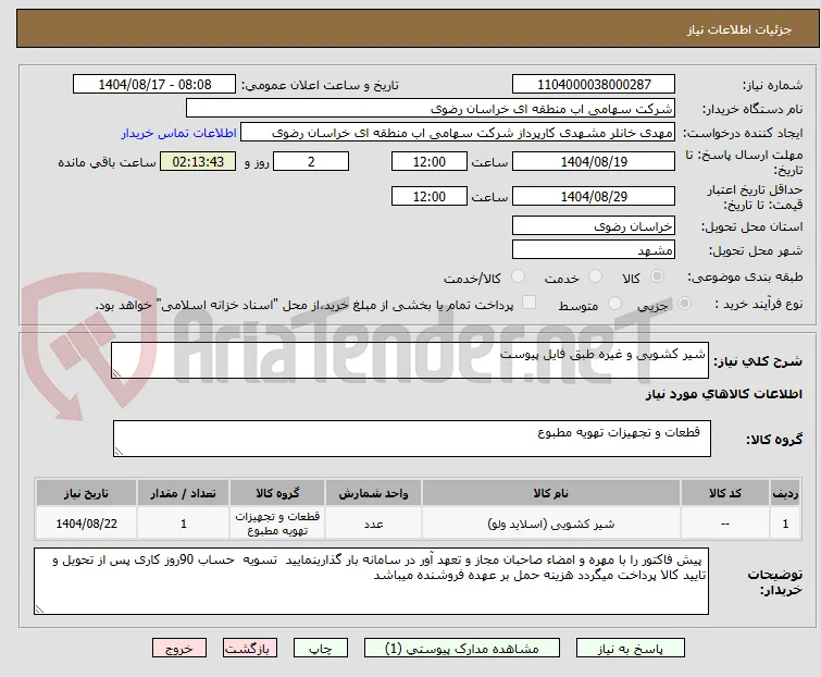 شیر کشویی و غیره طبق فایل پیوست
