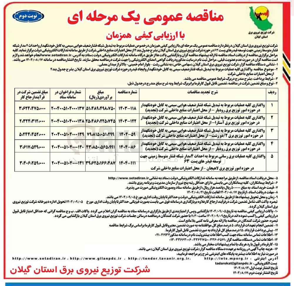 واگذاری کلیه عملیات مربوط به تبدیل شبکه فشار ضعیف هوایی سیمی به کابل خودنگهدار در حوزه امور توزیع برق رودبار - از محل اعتبارات منابع داخلی شرکت ( تجدید ) 
