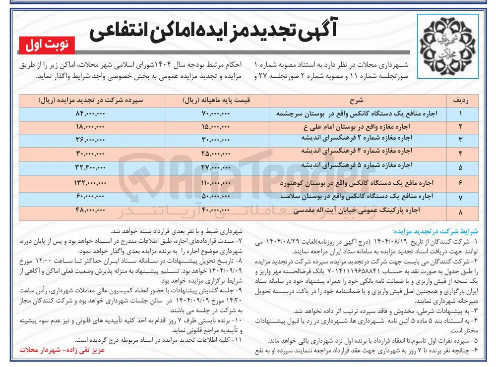 اجاره مغازه و کانکس و پارکینگ عمومی در 8 ردیف