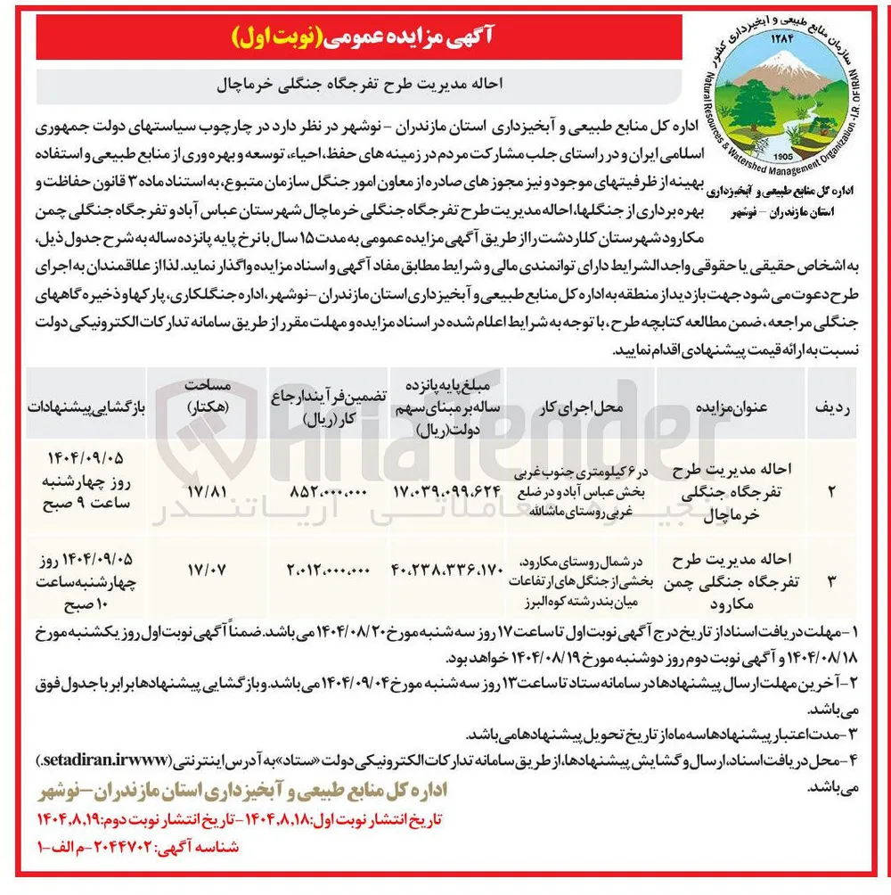 احاله مدیریت طرح تفرجگاه جنگلی چمن مکارود 
