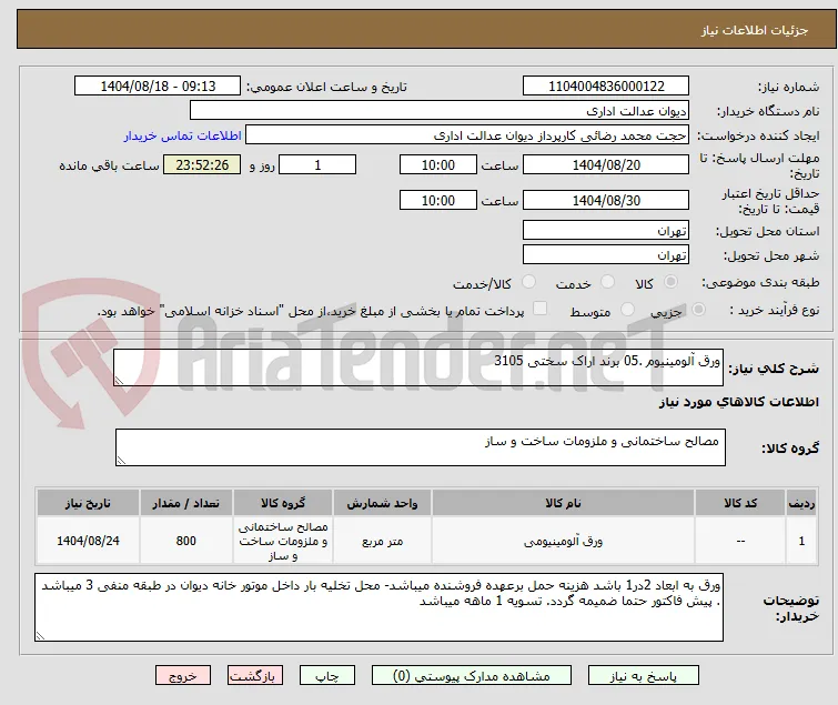 ورق آلومینیوم .05 برند اراک سختی 3105