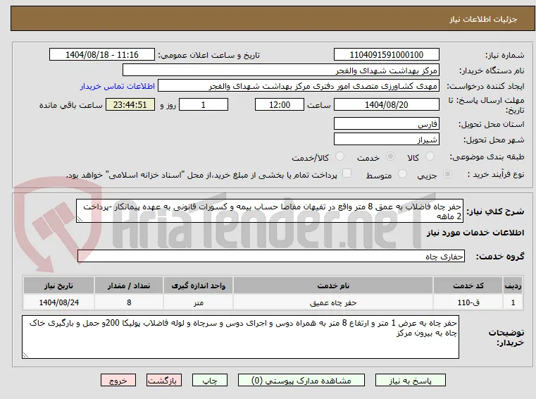 حفر چاه فاضلاب به عمق 8 متر واقع در تفیهان مفاصا حساب بیمه و کسورات قانونی به عهده پیمانکار -پرداخت 2 ماهه