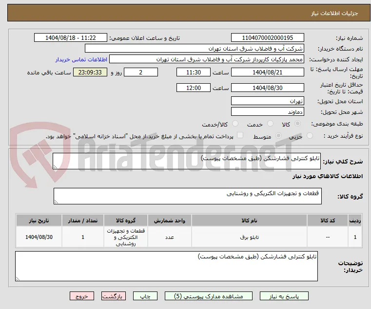 تابلو کنترلی فشارشکن (طبق مشخصات پیوست)