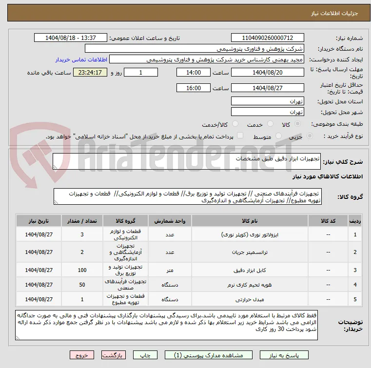 تجهیزات ابزار دقیق طبق مشخصات 