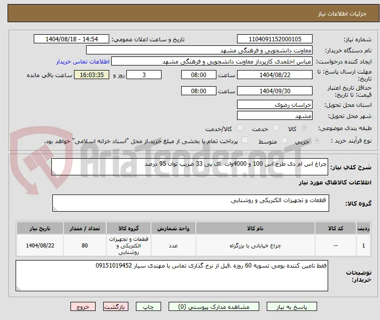چراغ اس ام دی طرح اس 100 و 4000وات  ای پی 33 ضریب توان 95 درصد