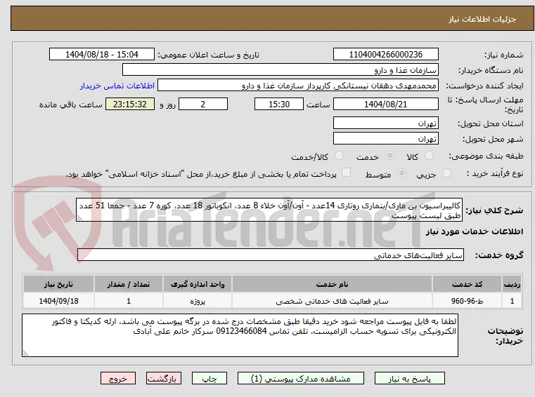 کالیبراسیون بن ماری/بنماری روتاری 14عدد - آون/آون خلاء 8 عدد، انکوباتور 18 عدد، کوره 7 عدد - جمعا 51 عدد طبق لیست پیوست