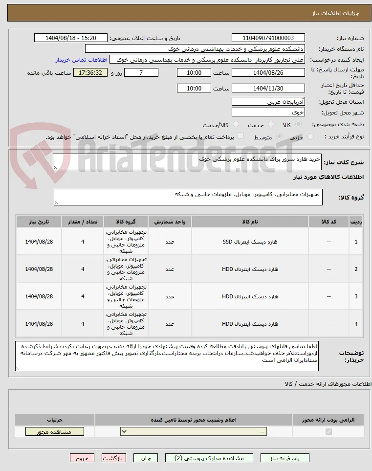خرید هارد سرور برای دانشکده علوم پزشکی خوی