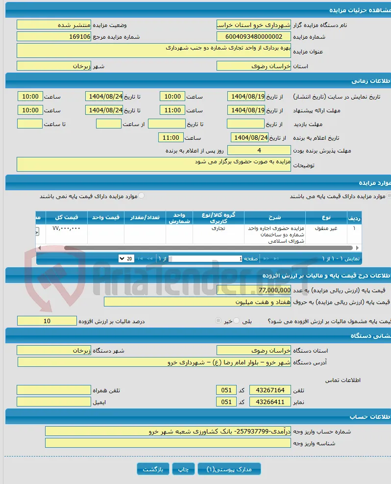 بهره برداری از واحد تجاری شماره دو جنب شهرداری
