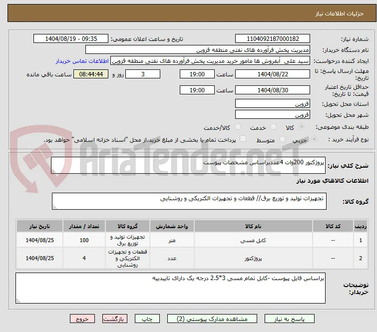 پروژکتور 200وات 4عددبراساس مشخصات پیوست 