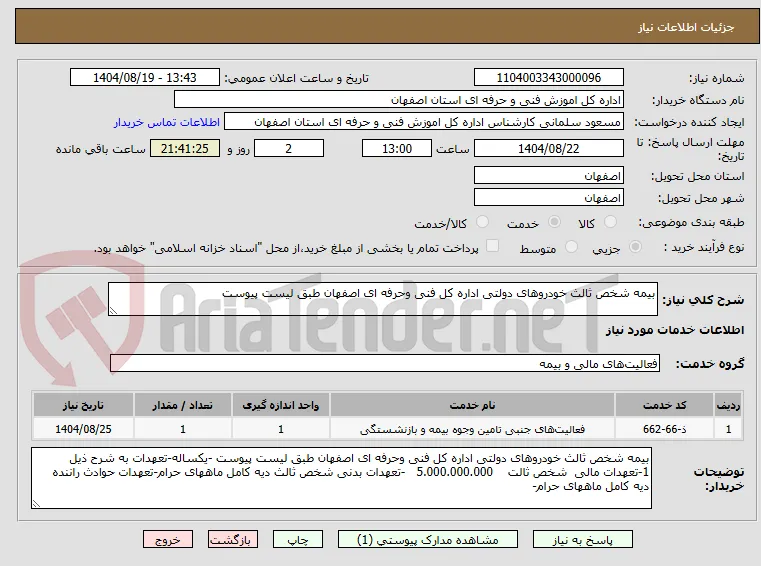 بیمه شخص ثالث خودروهای دولتی اداره کل فنی وحرفه ای اصفهان طبق لیست پیوست