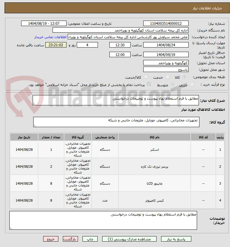 مطابق با فرم استعلام بهاء پیوست و توضیحات درخواستی