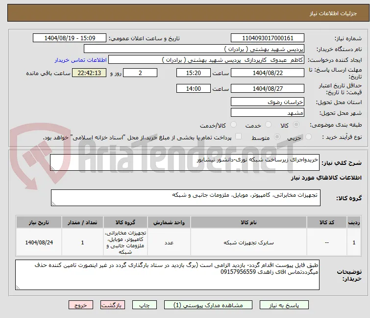 خریدواجرای زیرساخت شبکه نوری-دانشور نیشابور