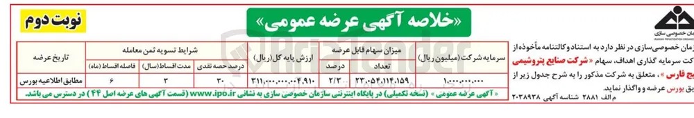 فروش سهام صنایع پتروشیمی خلیج فارس