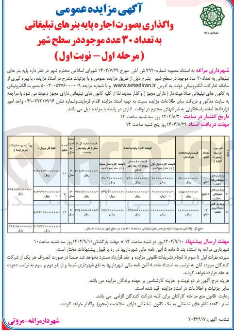 اجاره پایه بنرهای تبلیغاتی به تعداد ۳۰ عدد موجود در سطح شهر 