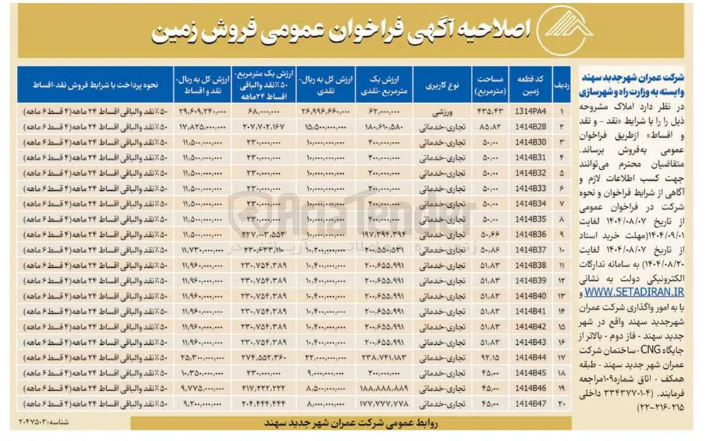 فروش زمین در 20 ردیف با کاربری ورزشی - تجاری - خدماتی