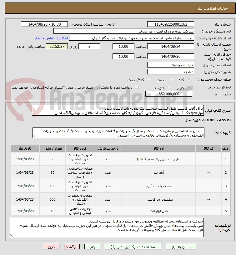 یراق آلات کابینت طبق لیست پیوست:یک نمونه باید ارسال شود
نوارpvc/جک کابینتی/دستگیره قارچی تکپیچ /پایه کابینت استیل10سانت/قفل سویچی5.5سانتی