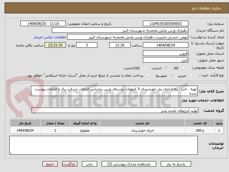 تهیه ، اجرا ، راه اندازی پنل خورشیدی 5 کیلووات روستای ورس براساس الزامات شرکت برق و الزامات پیوست شده