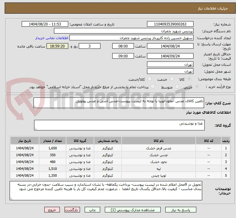 تامین کالای عدس -نخود-لوبیا با توجه به لیست پیوست-عدس آشی و عدس پولویی