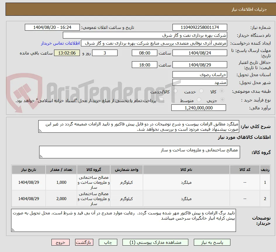میلگرد مطابق الزامات پیوست و شرح توضیحات در دو فایل پیش فاکتور و تایید الزامات ضمیمه گردد در غیر این صورت پیشنهاد قیمت مردود است و بررسی نخواهد شد.