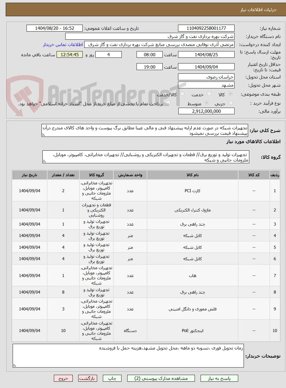 تجهیزات شبکه در صورت عدم ارایه پیشنهاد فنی و مالی عینا مطابق برگ پیوست و واحد های کالای مندرج درآن پیشنهاد قیمت بررسی نمیشود 