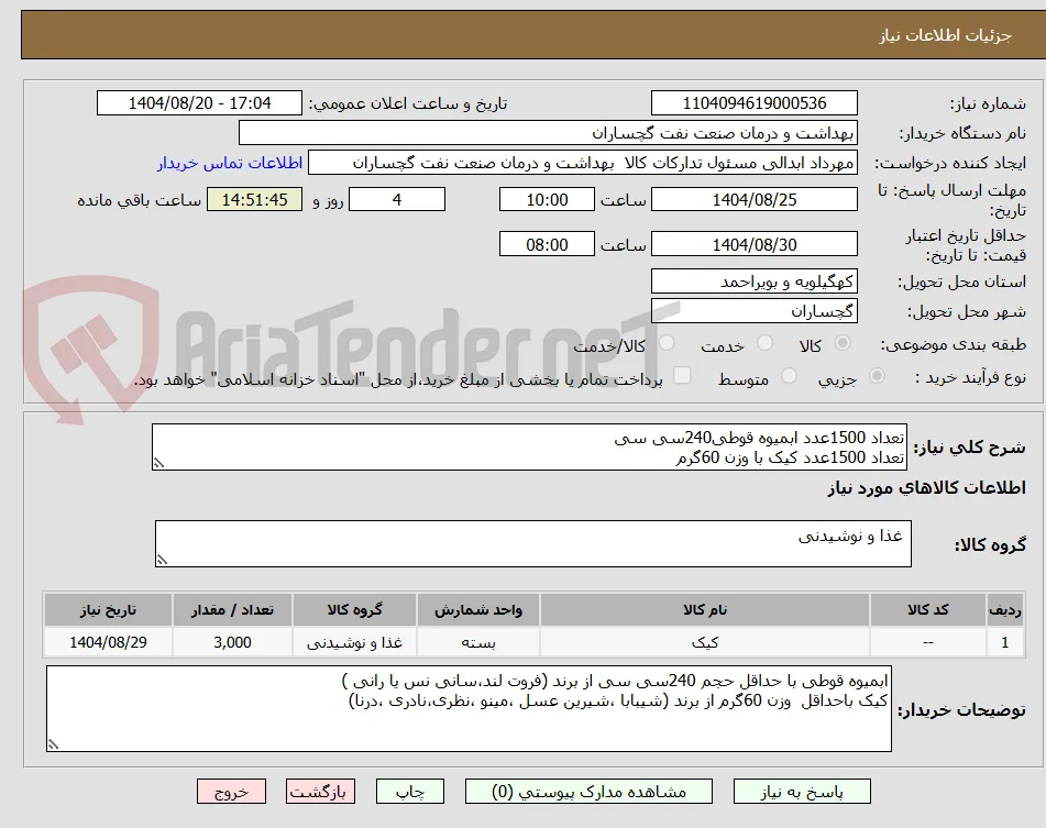 تعداد 1500عدد ابمیوه قوطی240سی سی
تعداد 1500عدد کیک با وزن 60گرم