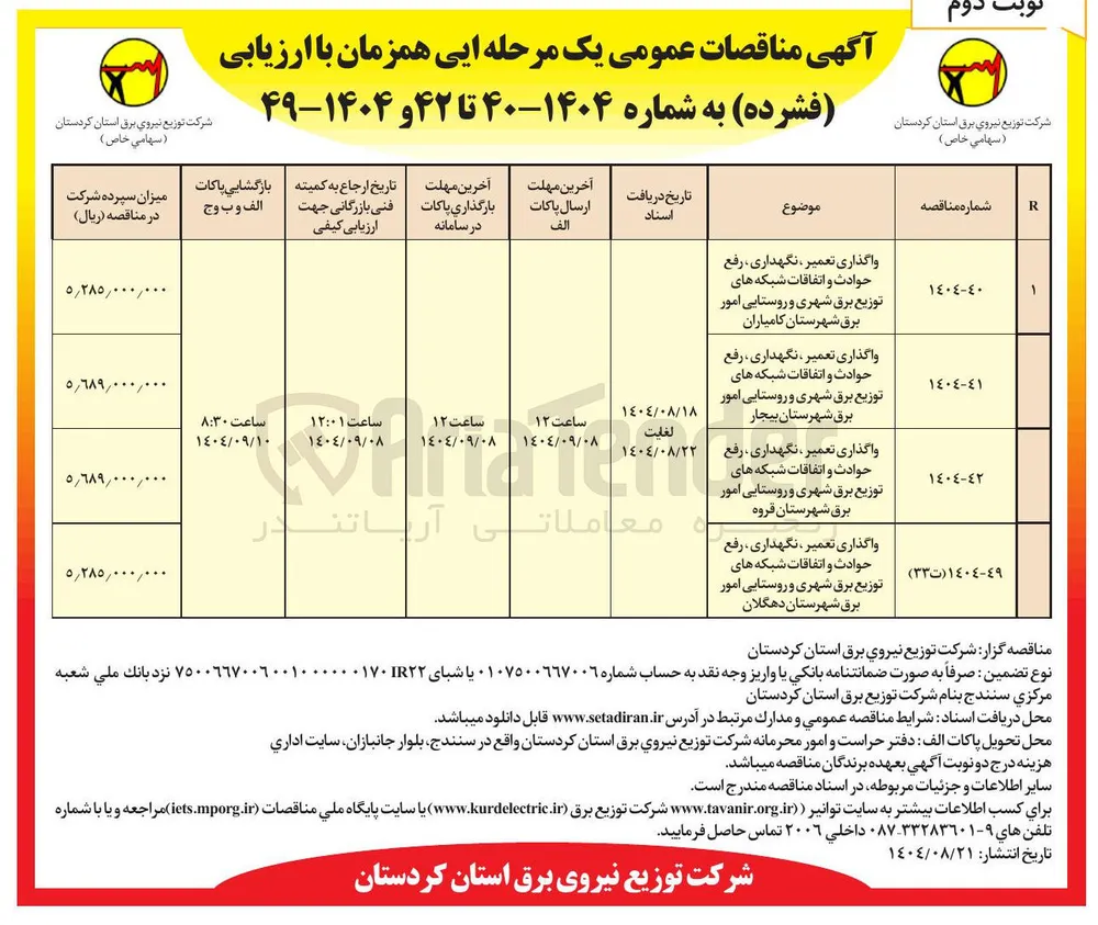 واگذاری تعمیر ، نگهداری ، رفع حوادث و اتفاقات شبکه های توزیع برق شهری و روستایی