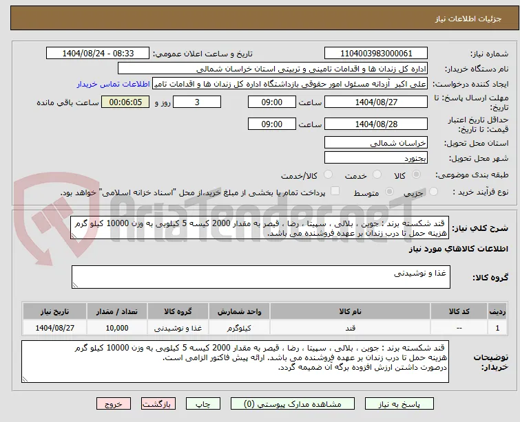  قند شکسته برند : جوین ، بلالی ، سپیتا ، رضا ، قیصر به مقدار 2000 کیسه 5 کیلویی به وزن 10000 کیلو گرم
هزینه حمل تا درب زندان بر عهده فروشنده می باشد.