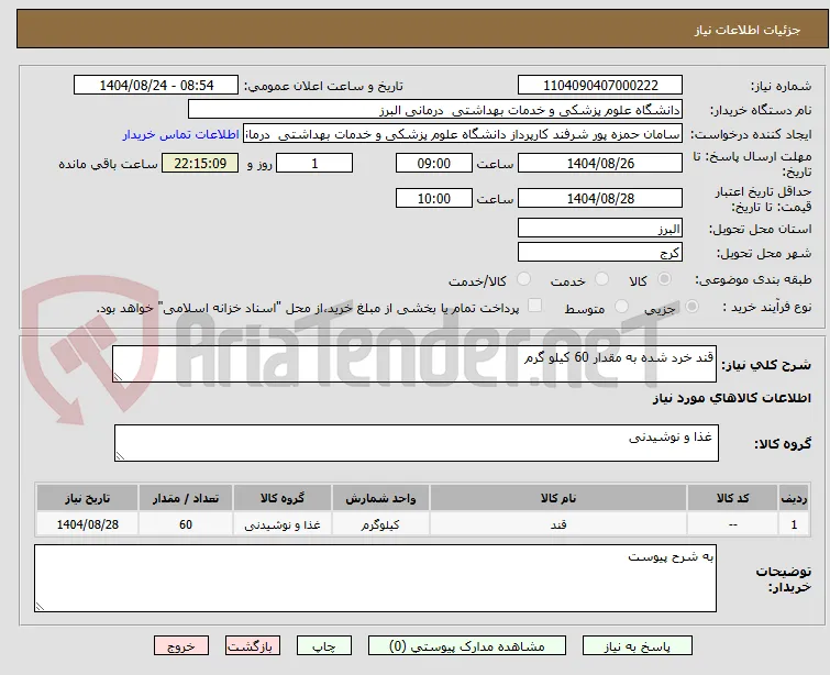 قند خرد شده به مقدار 60 کیلو گرم 