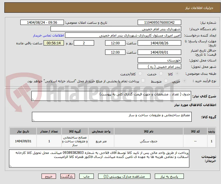 جدول ( تعداد ، مشخصات و جهت قیمت گذاری کلی به پیوست)