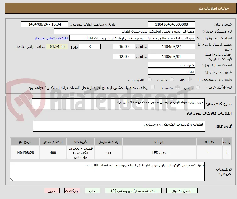 خرید لوازم روشنایی و ایمنی معابر جهت روستای ابودیره