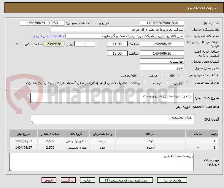کیک و آبمیوه مطابق شرح پیوست