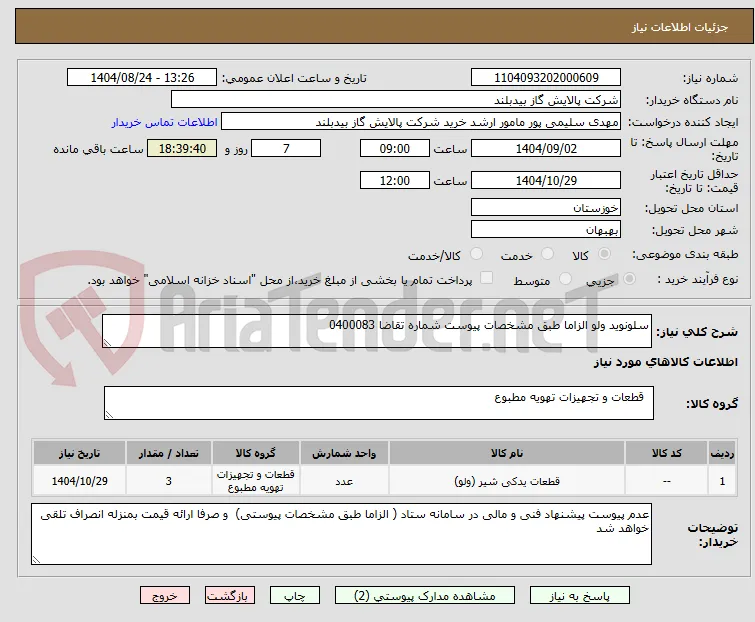 سلونوید ولو الزاما طبق مشخصات پیوست شماره تقاضا 0400083