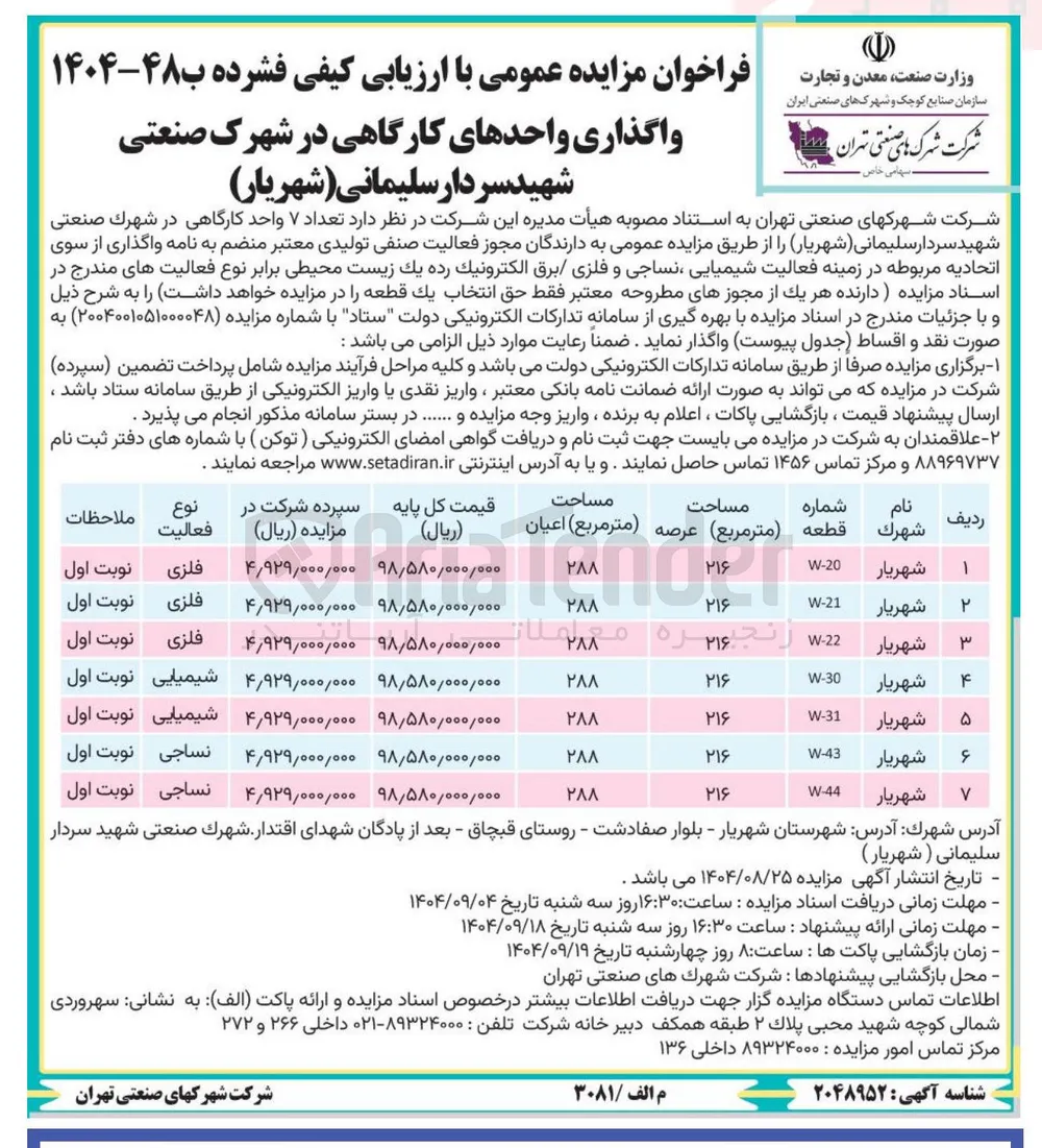 واگذاری واحدهای کارگاهی در 7 ردیف
