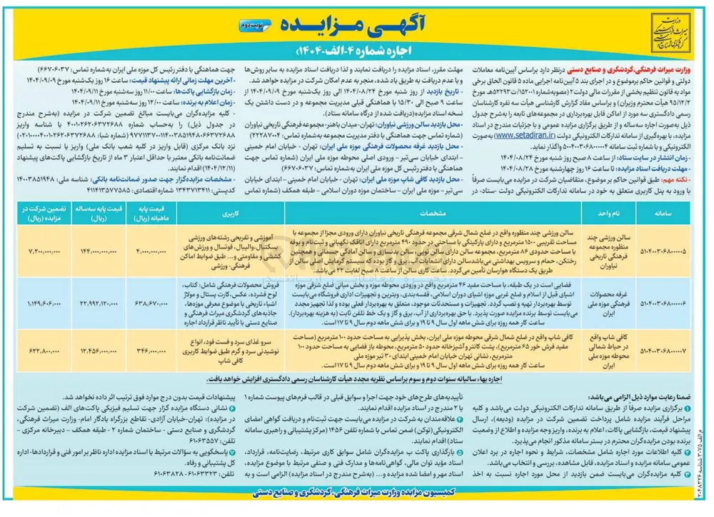 اجاره غرفه محصولات فرهنگی موزه ملی ایران 