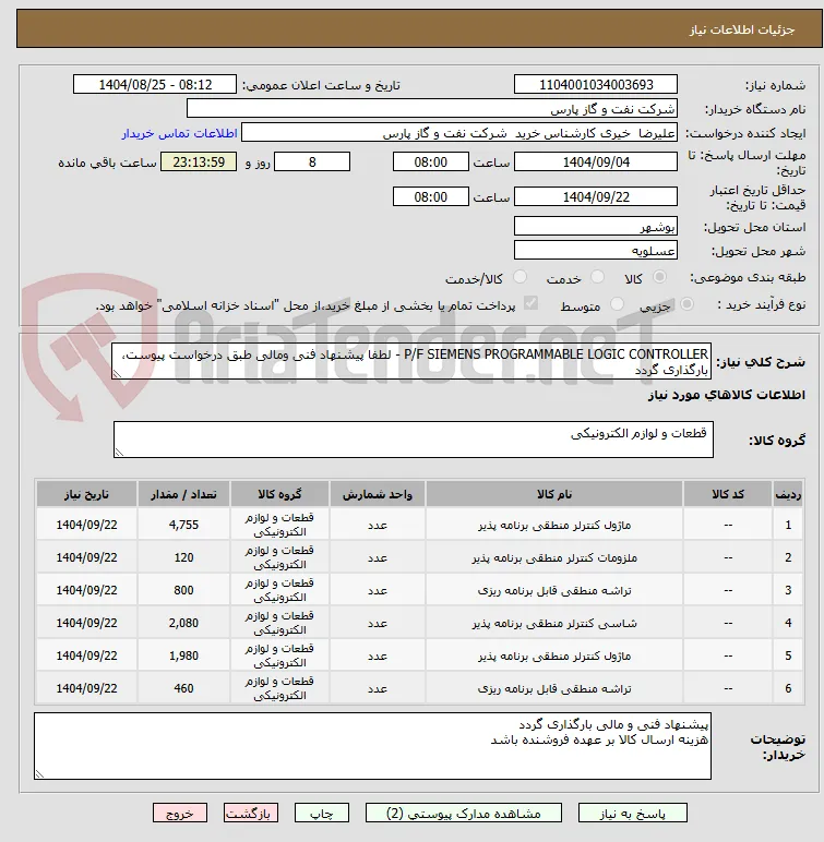 P/F SIEMENS PROGRAMMABLE LOGIC CONTROLLER - لطفا پیشنهاد فنی ومالی طبق درخواست پیوست، بارگذاری گردد