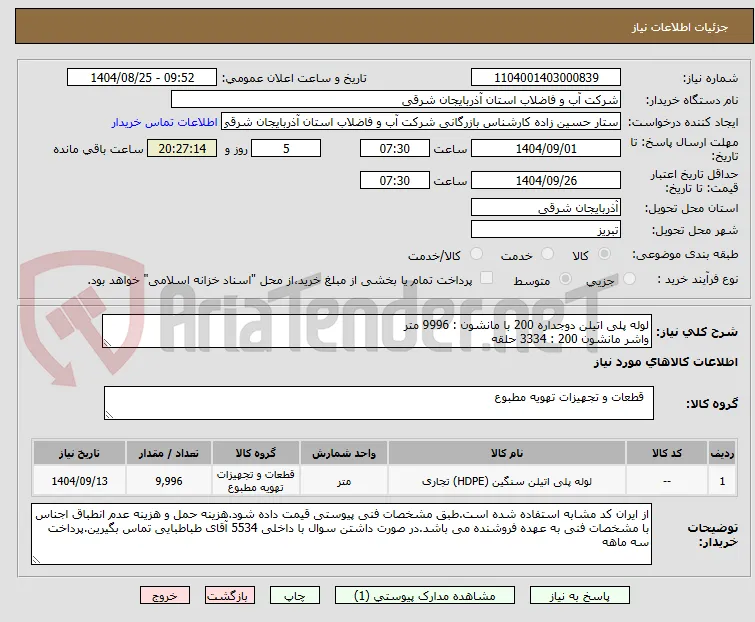 لوله پلی اتیلن دوجداره 200 با مانشون : 9996 متر
واشر مانشون 200 : 3334 حلقه