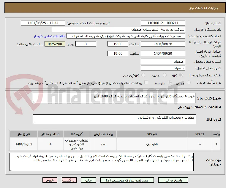 خرید 4 دستگاه تابلو توزیع اندازه گیری ایستاده با بدنه فلزی 1600 آمپر 