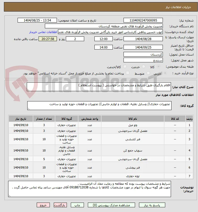 اقلام بارگیری طبق شرایط و مشخصات در خواستی ( پیوست استعلام ) 