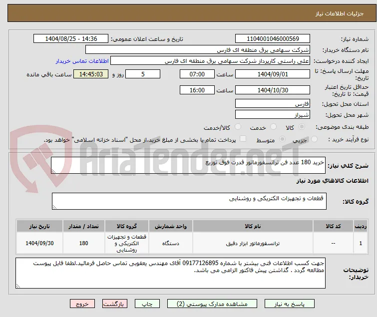 خرید 180 عدد فن ترانسفورماتور قدرت فوق توزیع