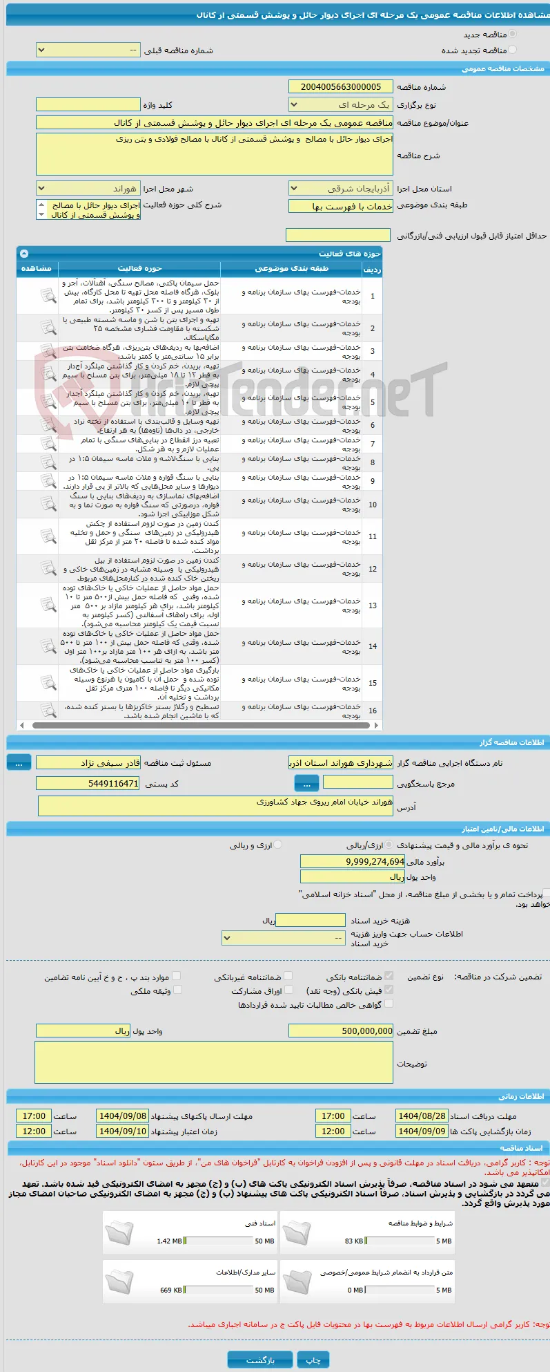 مناقصه عمومی یک مرحله ای اجرای دیوار حائل و پوشش قسمتی از کانال