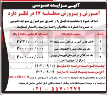 اجاره 4 باب کلاس آموزش - یک باب مغازه شماره ۲ - یک باب کلاس در دبیرستان