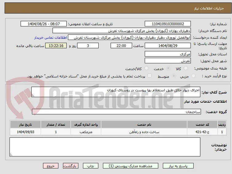 اجرای دیوار حائل طبق استعلام بها پیوست در روستای کبوران