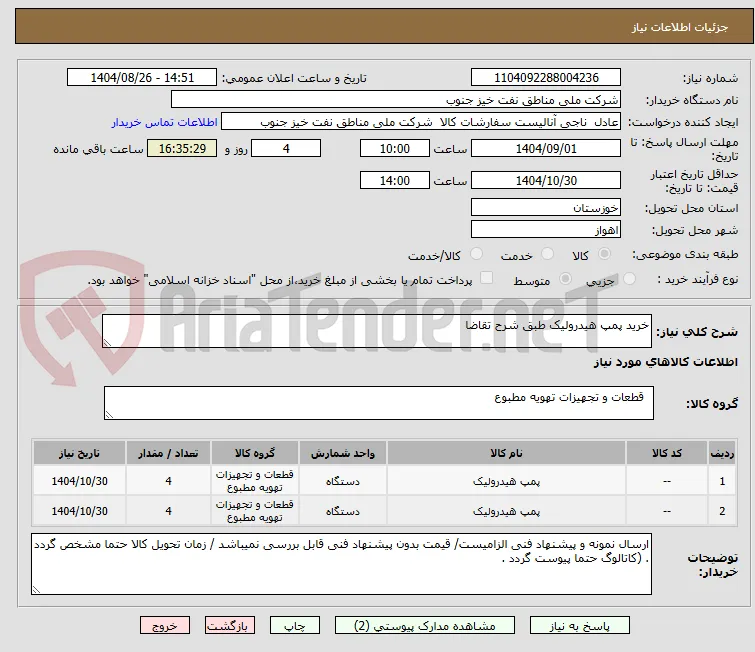 خرید پمپ هیدرولیک طبق شرح تقاضا